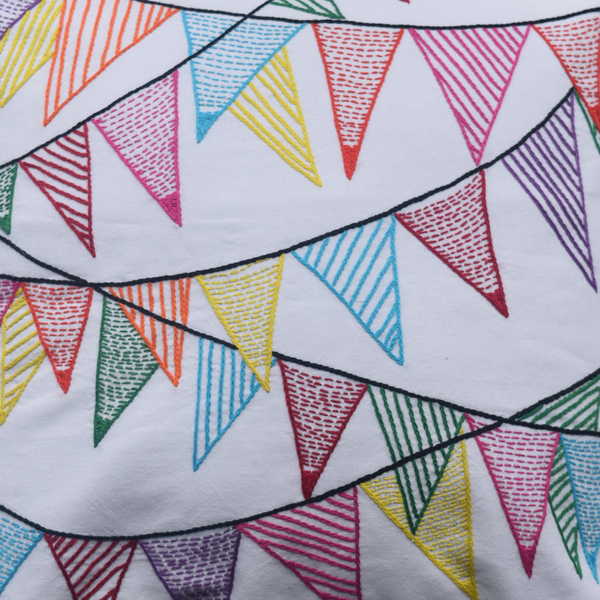 Colourful bunting cushion embroidery details