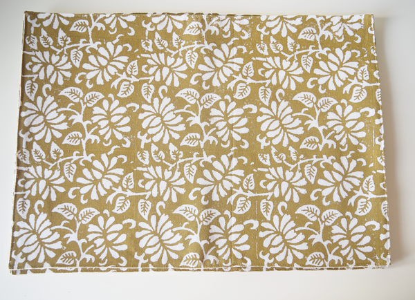 brown table mat with white floral block print