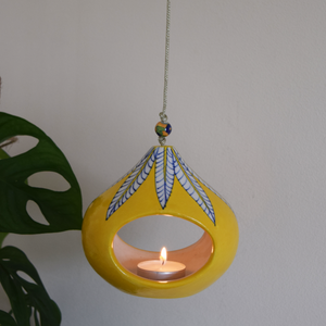 Yellow with White Leaf Pattern Hanging Tealight Holder