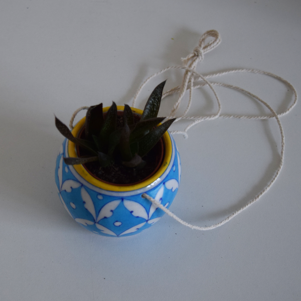 Turquoise and Yellow border Mini Hanging Pot