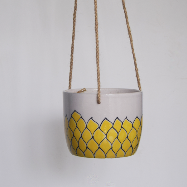 Phool, yellow and white floral patterned hanging planter