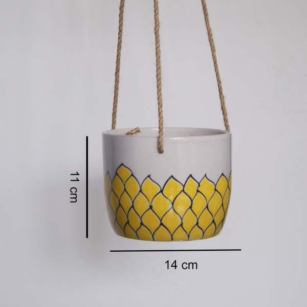 Phool, yellow and white floral patterned hanging planter -with measurements