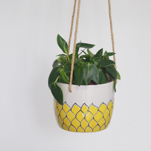 Phool, yellow and white floral patterned hanging planter